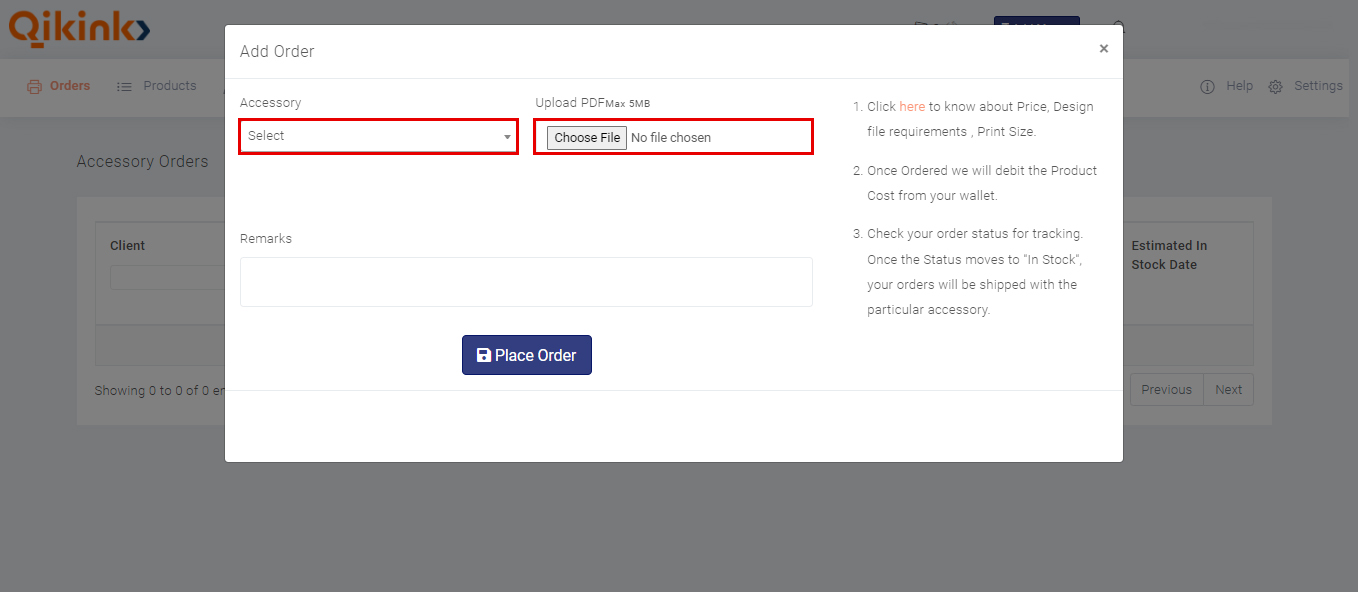 selecting the accessory and design file in the add order page in qikink dashboard