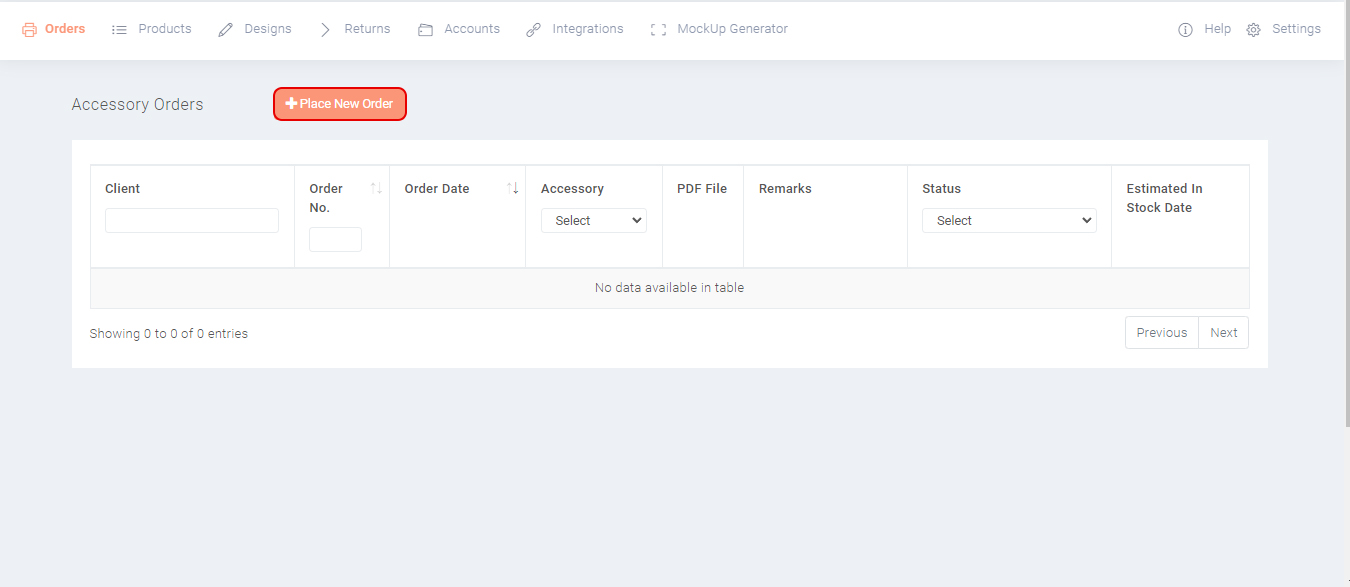 place new order button highlighted for accessory orders in qikink dashboard