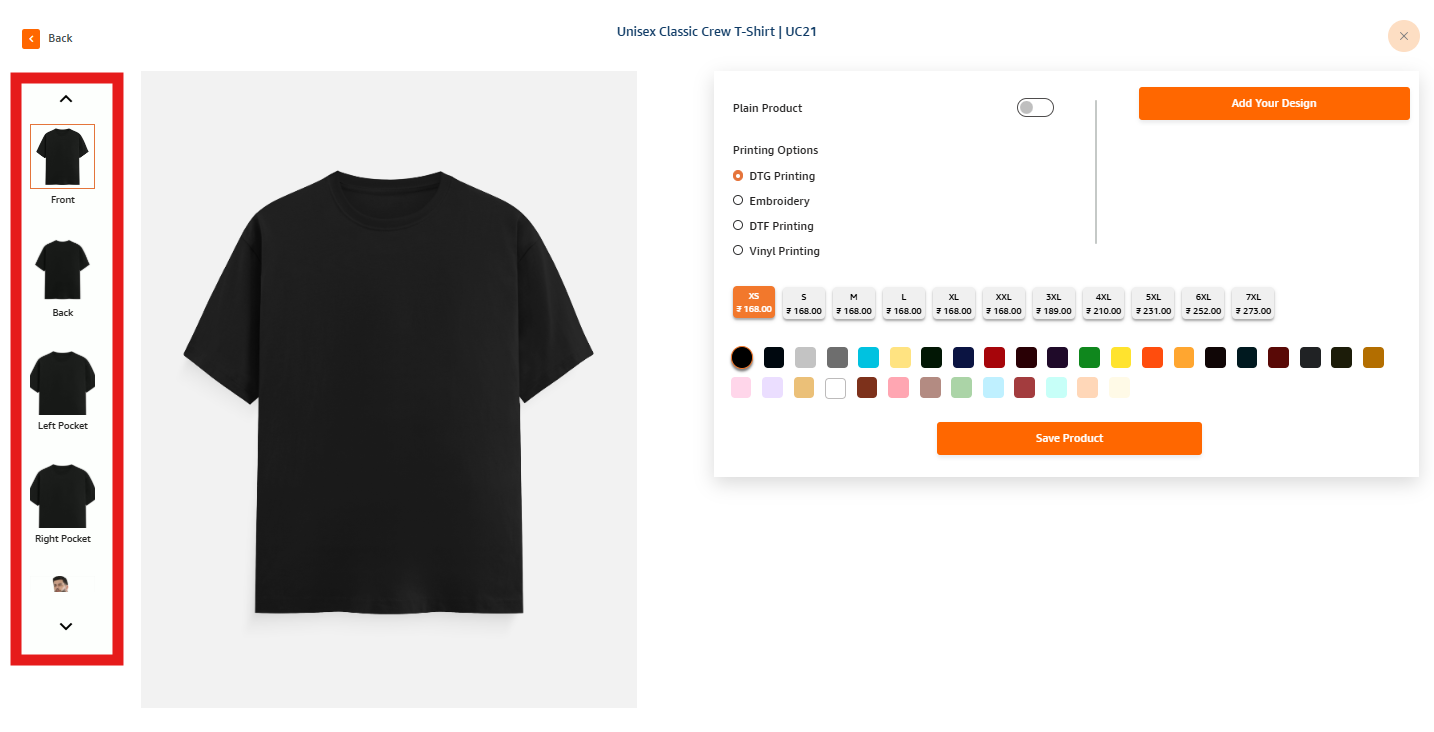 print placements shown for the printable black t-shirt in qikink dashboard