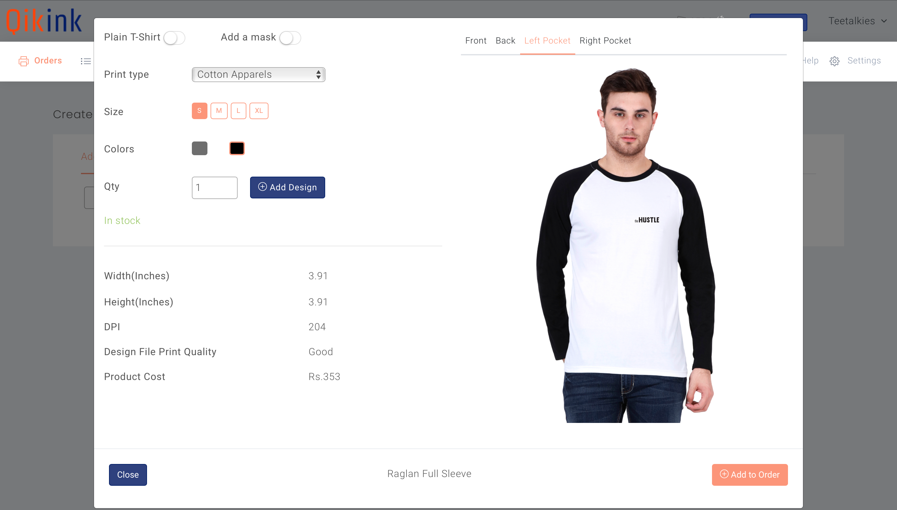 placing design on raglan t-shirt to create an order from qikink dashboard