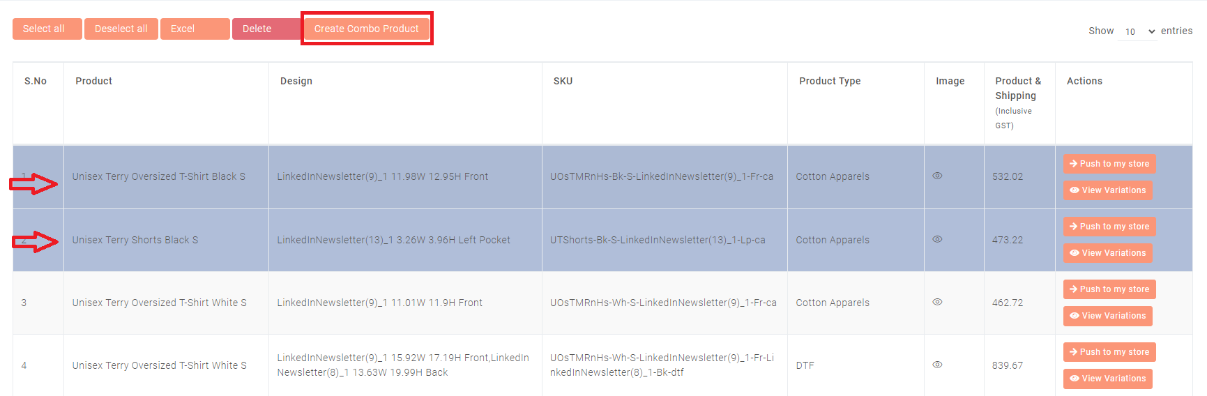 saved products in all products in qikink