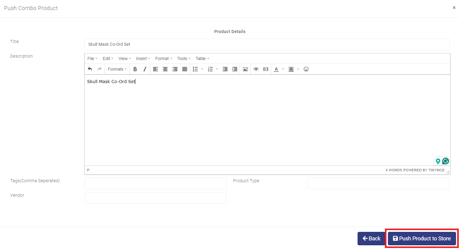 adding product details to push product 