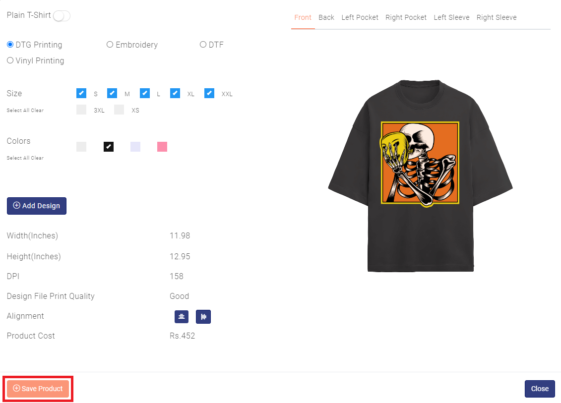 saving a product with custom design in qikink