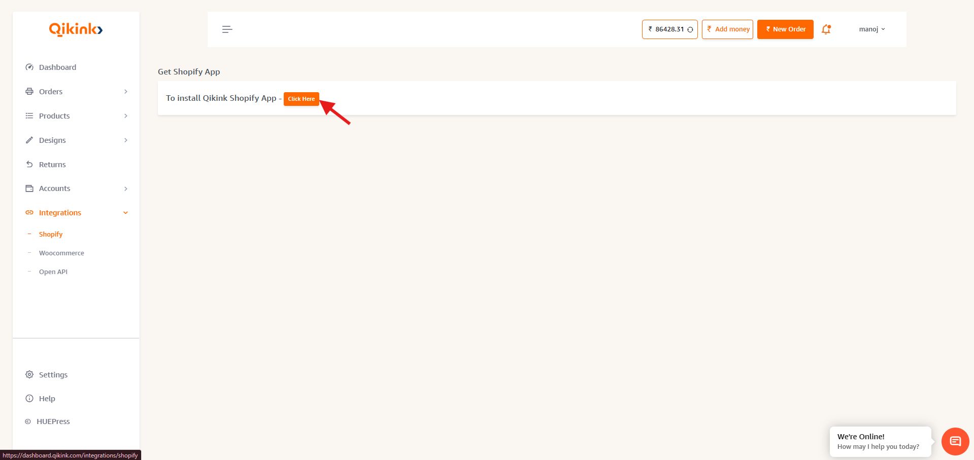 Qikink dashboard - shopify integration