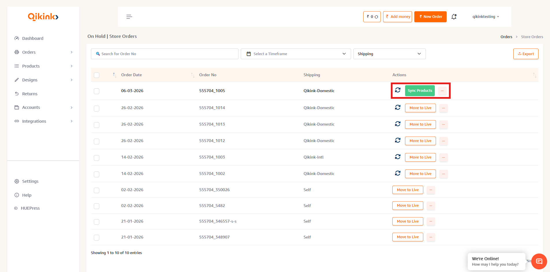 Qikink dashboard On hold orders