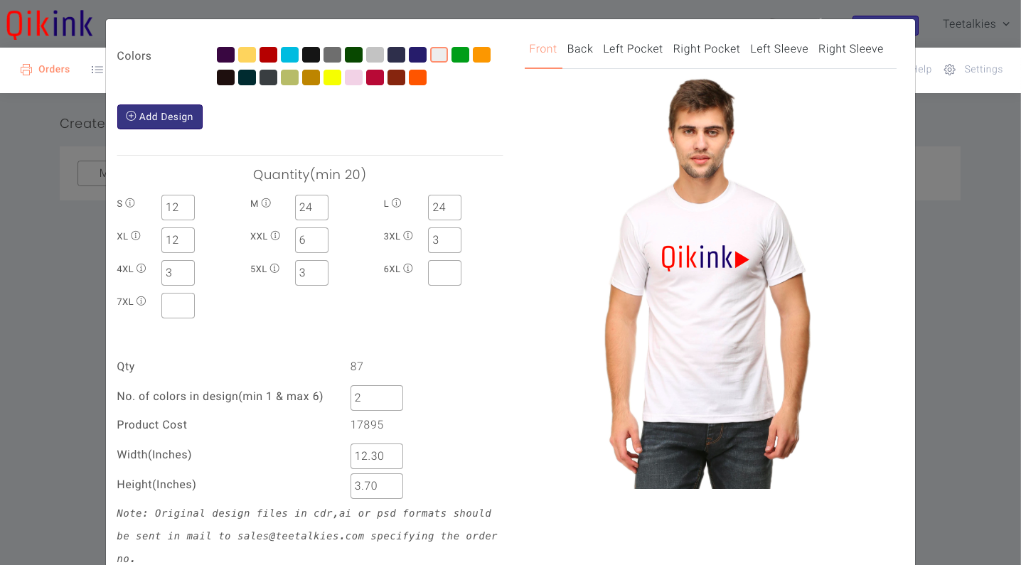 entering the size and design details while creating a bulk order with qikink dashboard