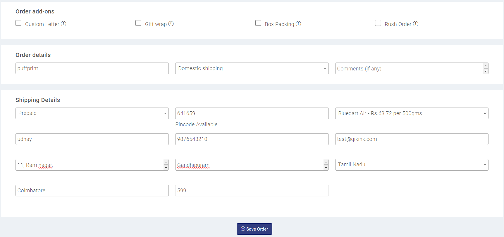 fill up the customer details to save order in qikink