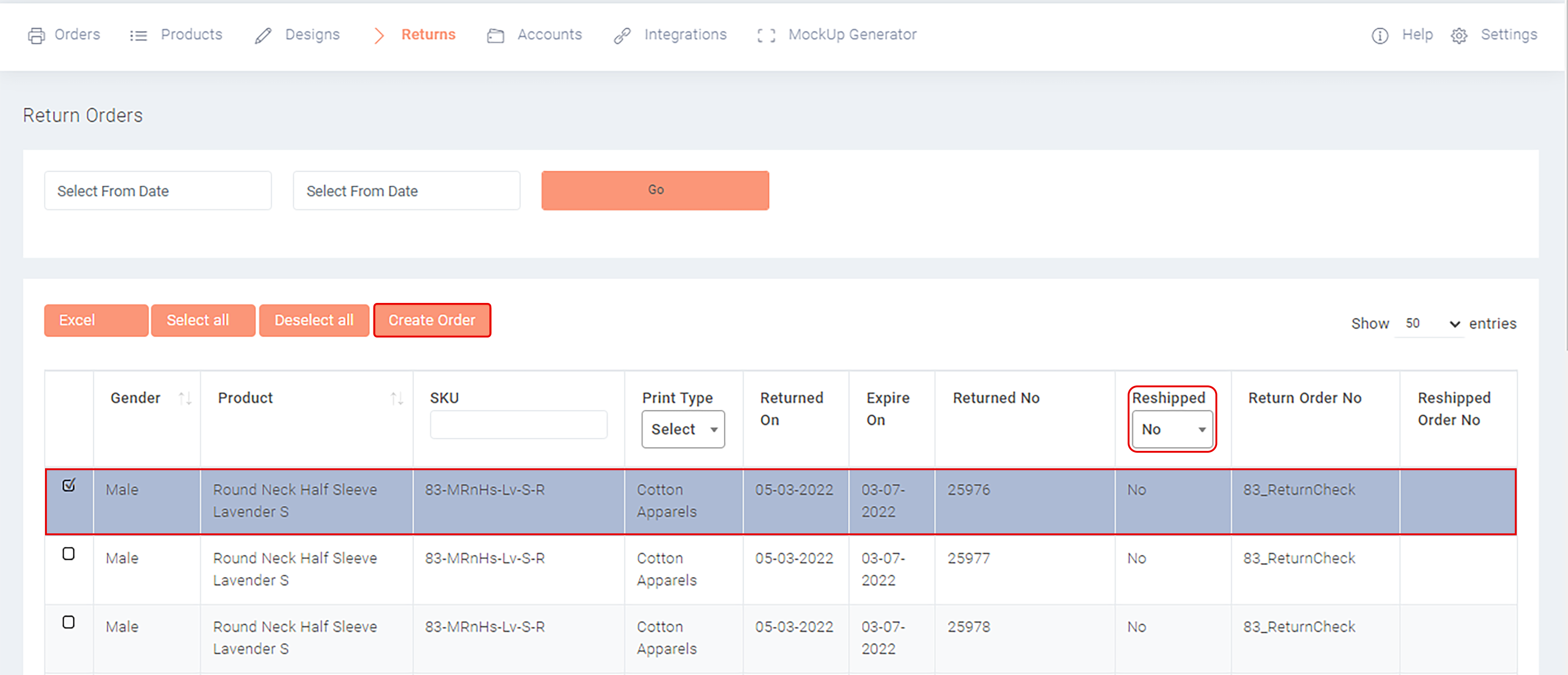 creating a returned order by selecting one from the list of retuned orders page