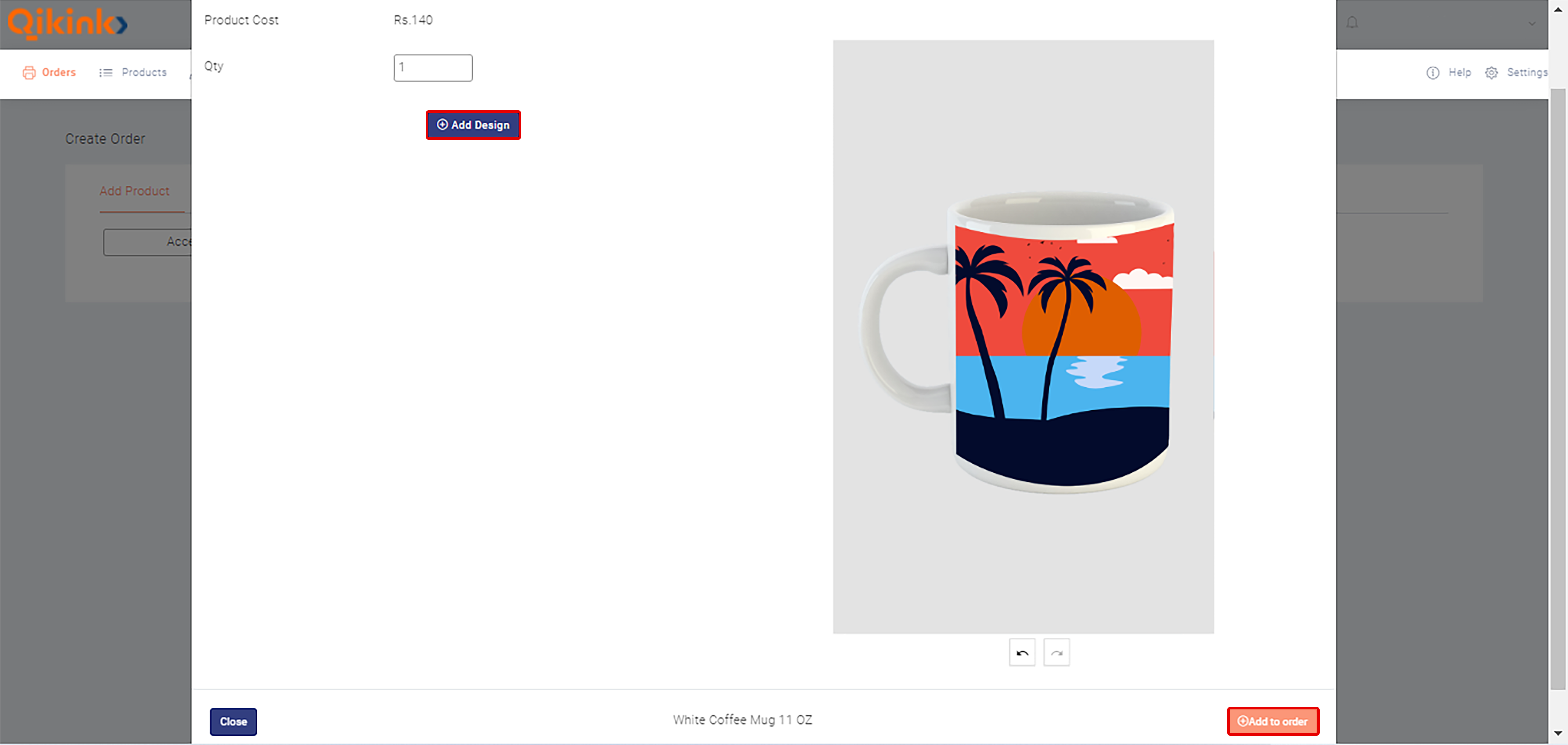 add design button while creating a mug order in qikink dashboard