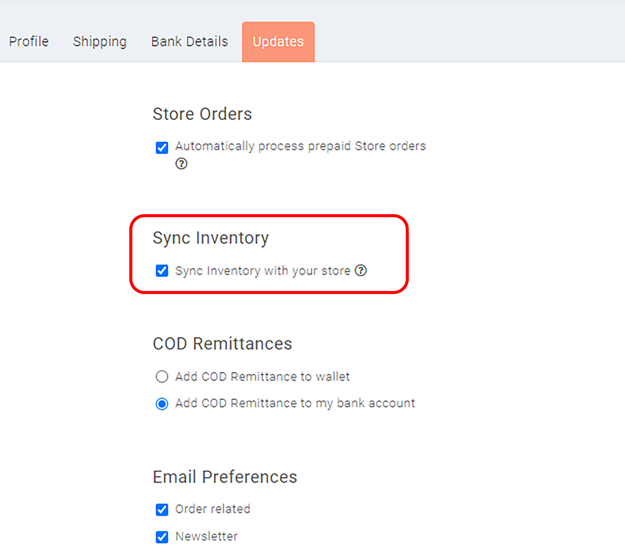 updates tab from qikink dashboard to click the sync inventory option with Shopify store
