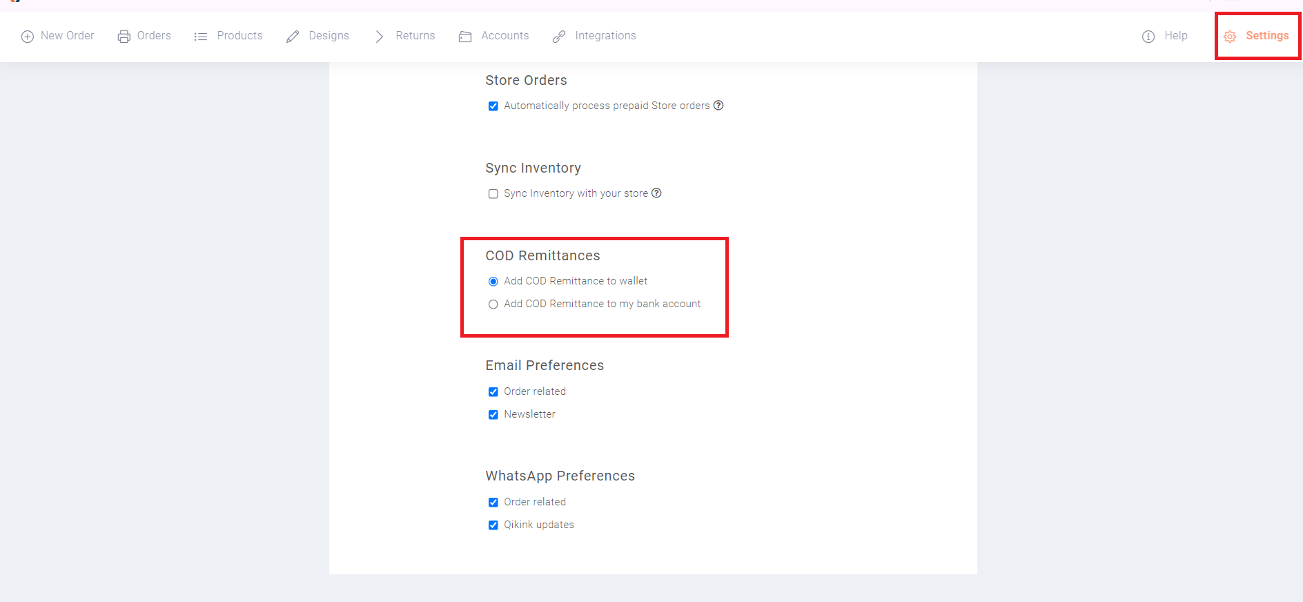 cash on delivery remittance in qikink dashboard