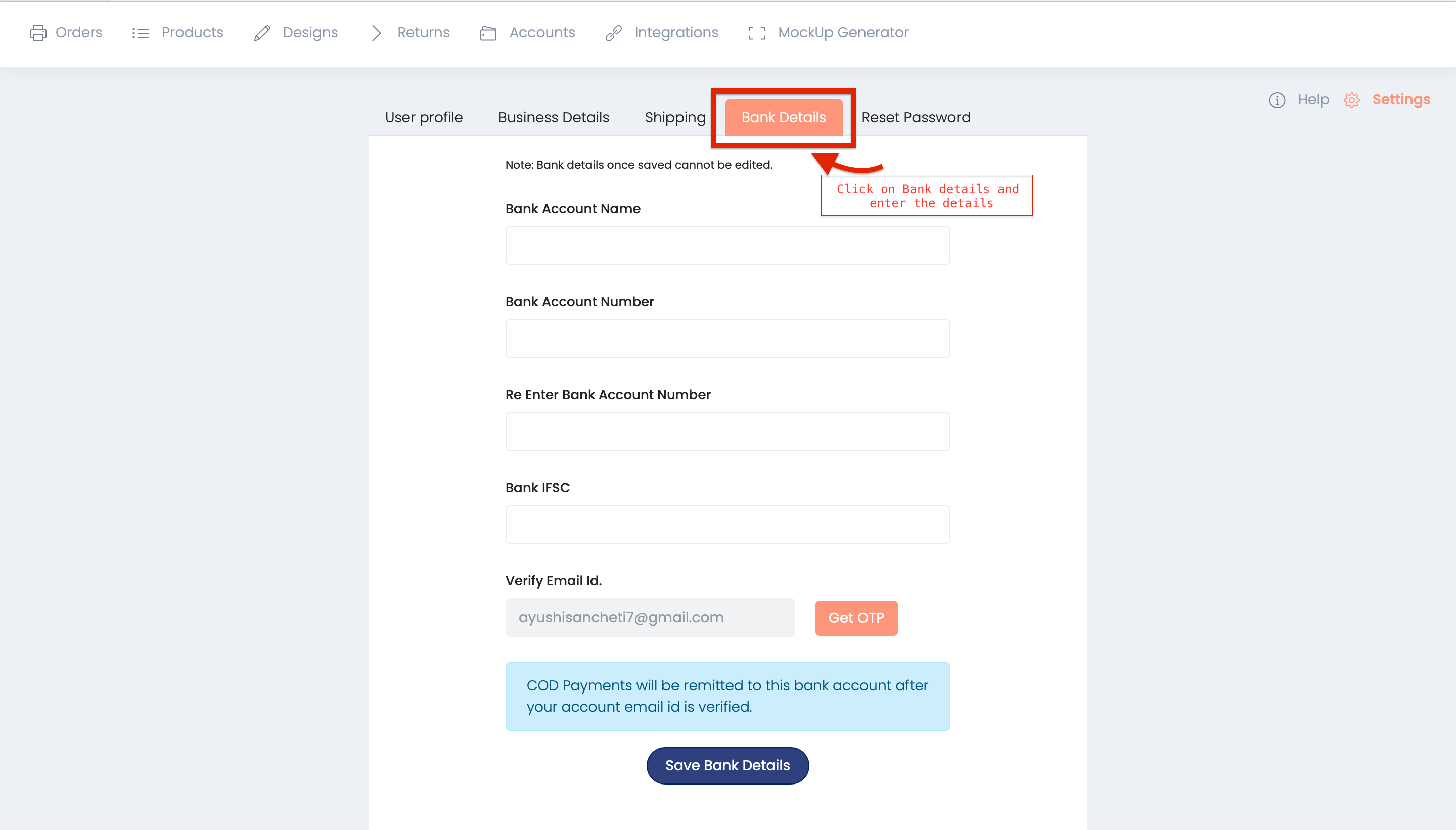 bank details tab from qikink dashboard while updating the bank details