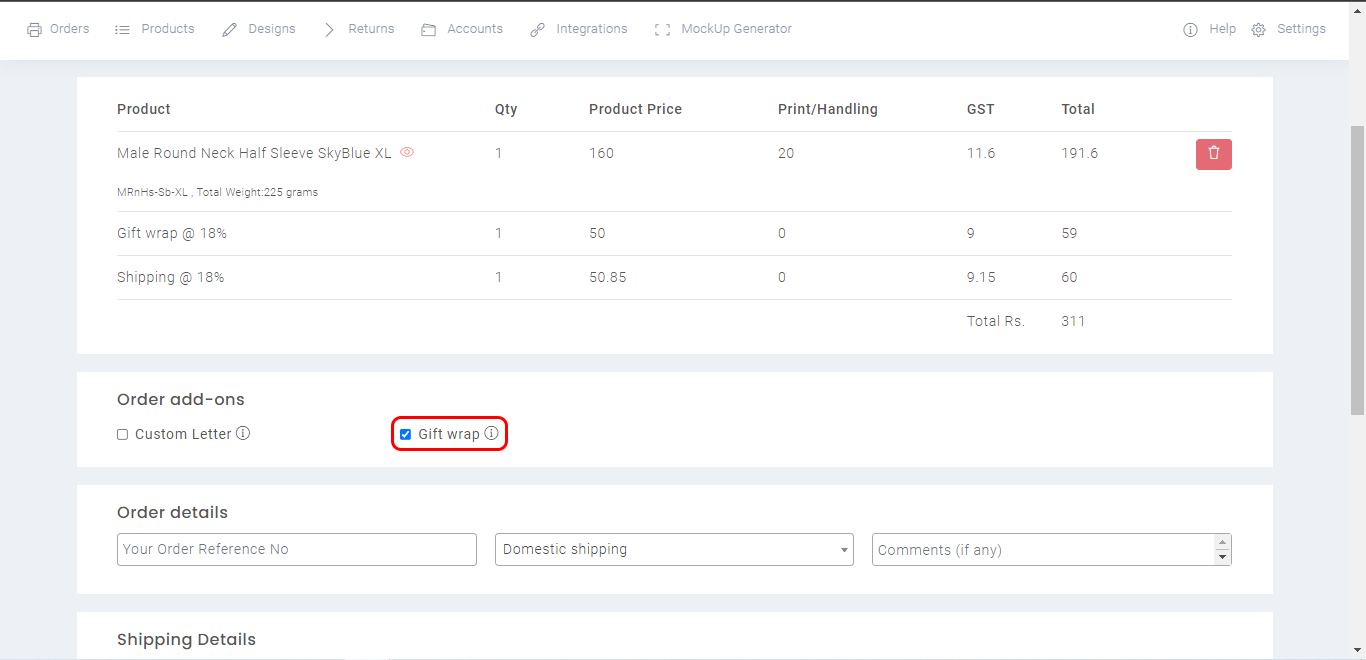 selecting gift wrap option while creating an order through qikink dashboard