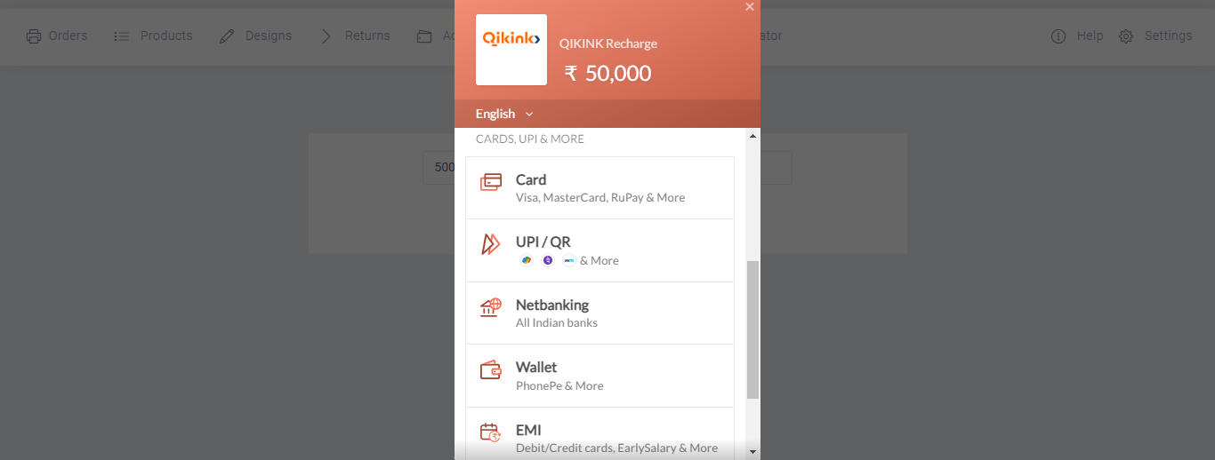 payment gateway with various payment options from qikink dashboard