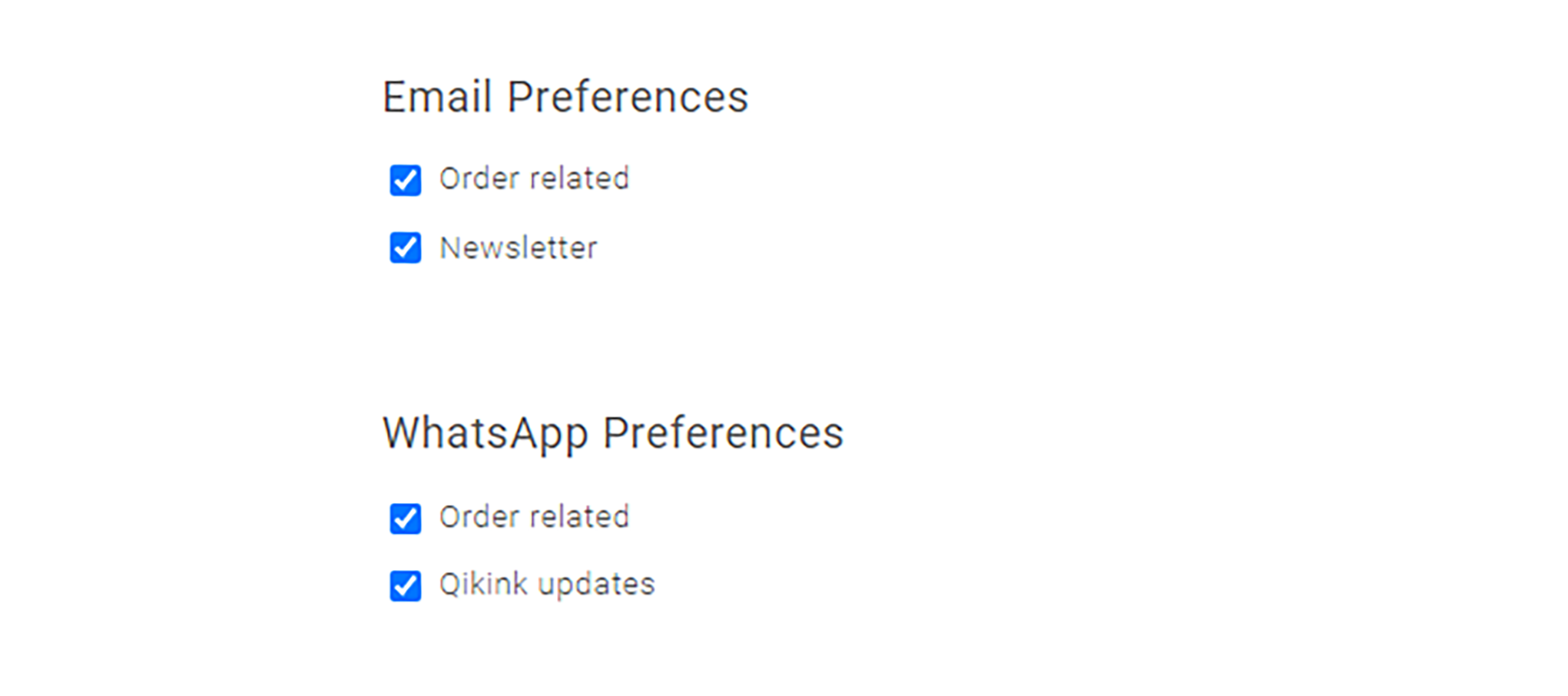 email and whatsapp notifications about order and newsletter option in qikink dashboard