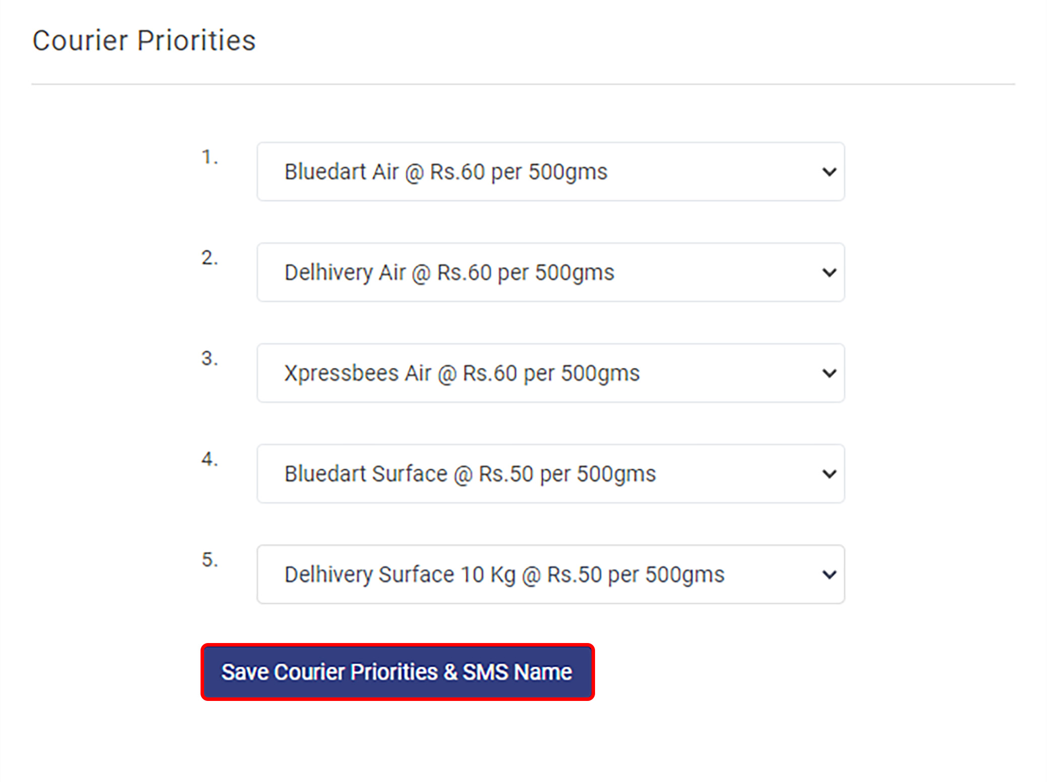 list of couriers entered for courier priorities in qikink dashboard