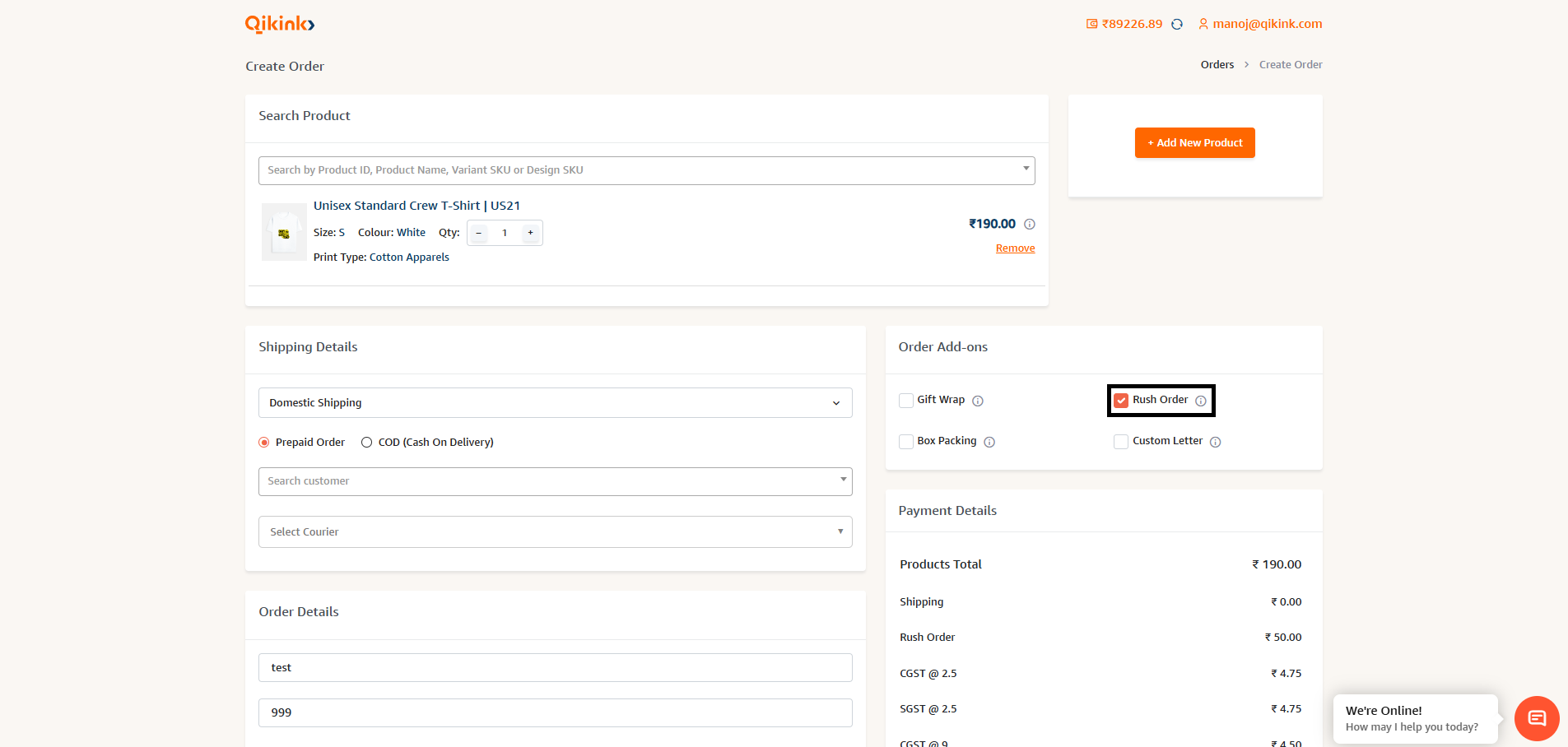 Rush order in QIkink create order
