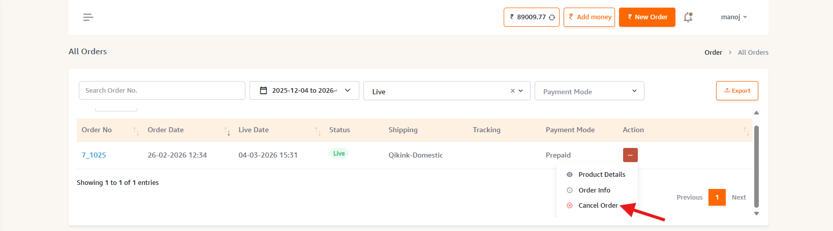 Cancel order in QIkink dashboard