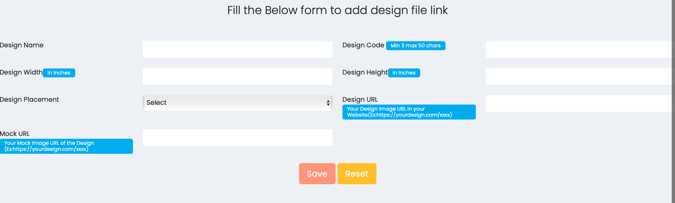 form for adding a design t qikink through merchant dashboard