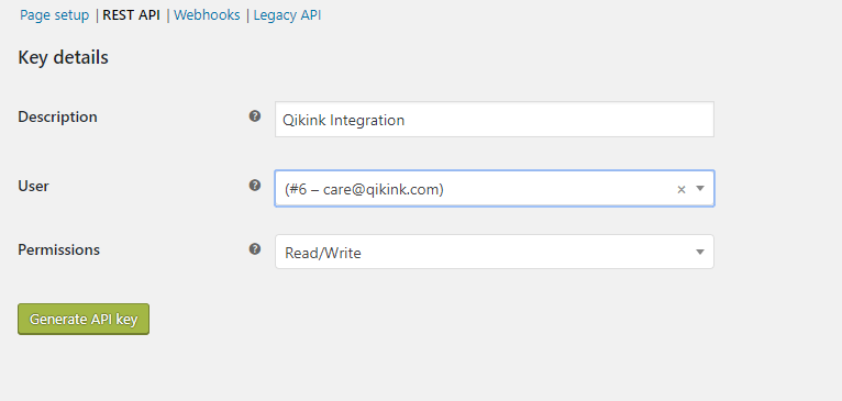 api and user information entering while integrating woocommerce store with qikink