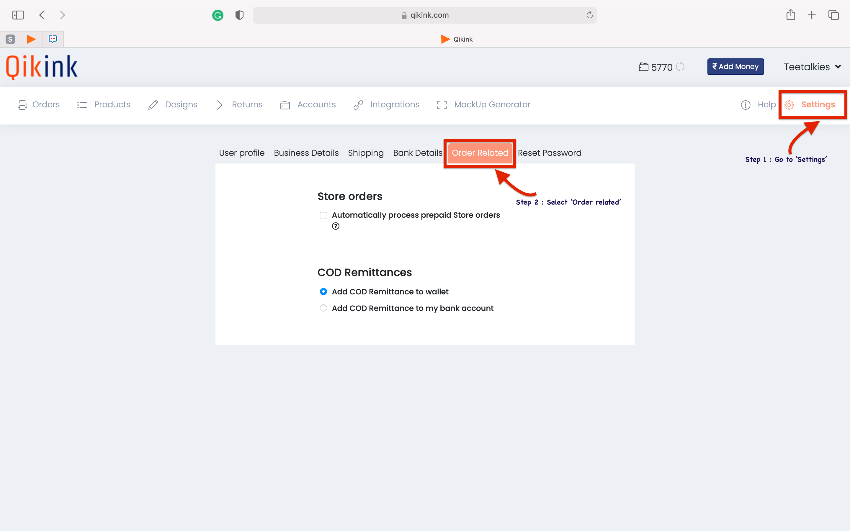 order related tab from qikink dashboard while setting up cod remittance payment option 