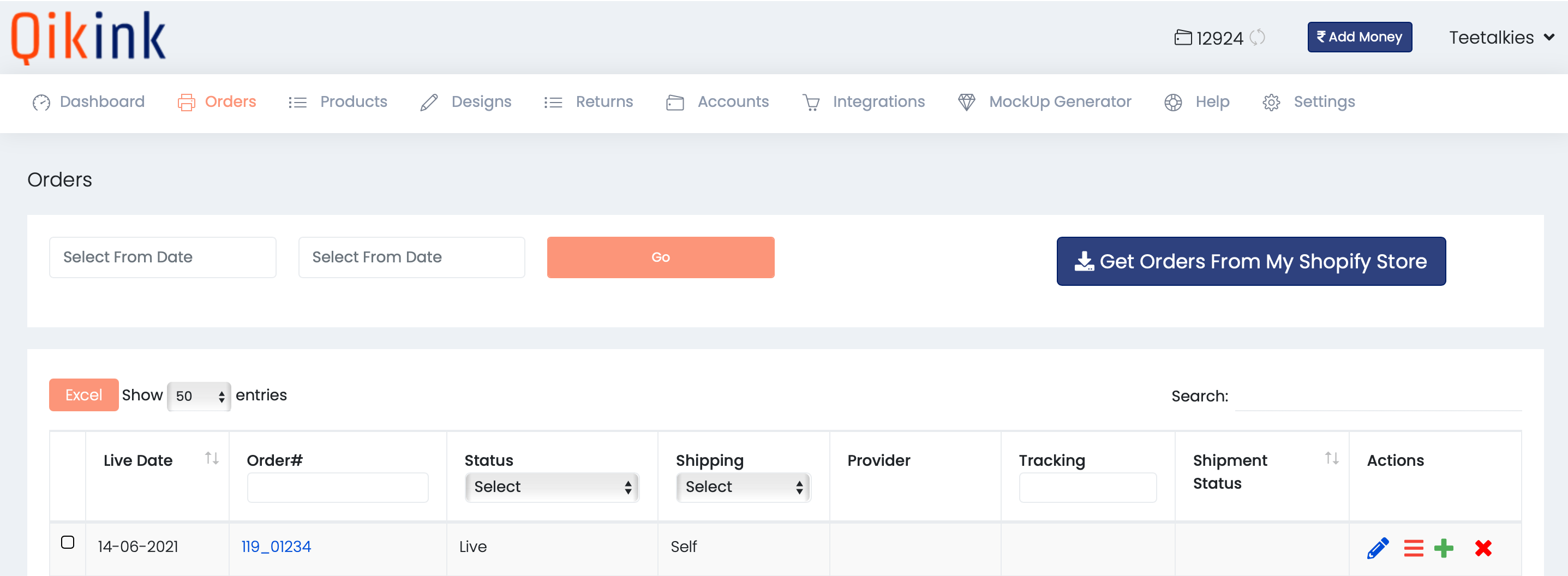 orders tab from qikink dashboard to upload self shipping label